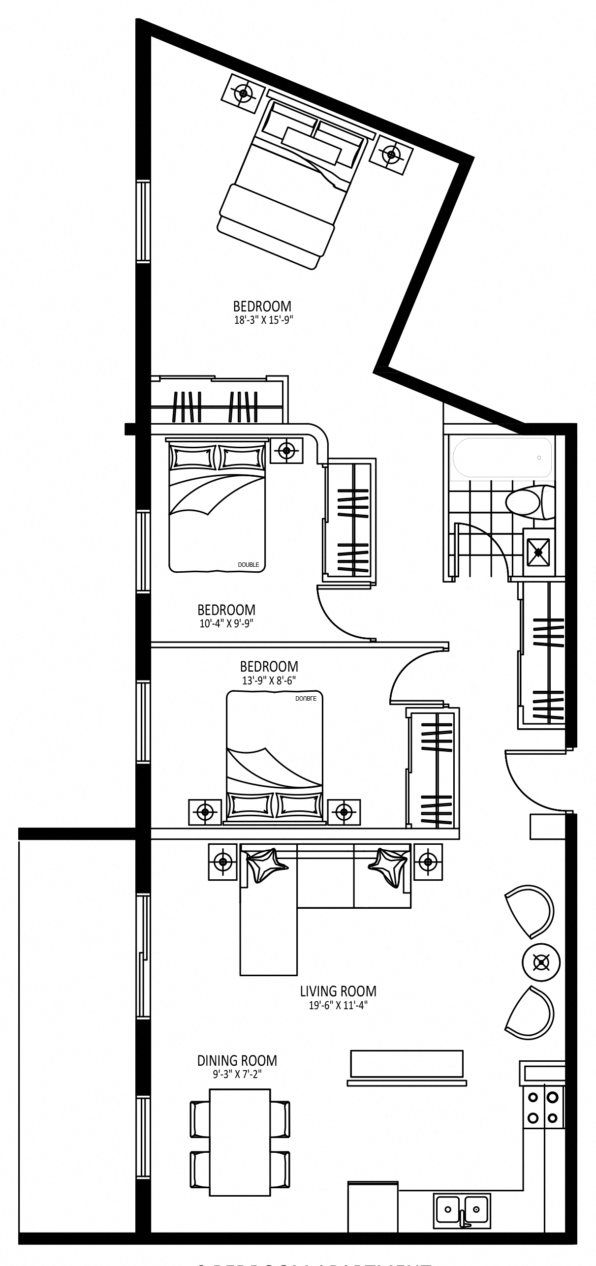 Floor plan for 3 beds, 1 bath, 1062 sqft
